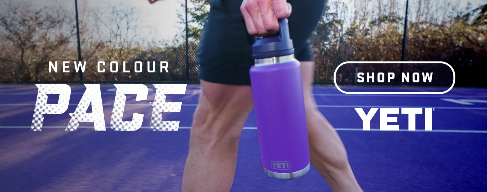 YETI Pace Purple drinkware on a purple running track